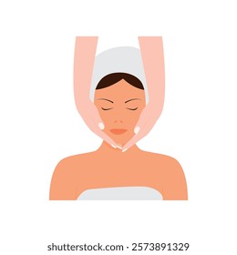 Woman face in spa procedure: face massage. Beauty salon, wellness center poster, banner. Hand drawn beauty concept. Vector illustration