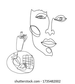 Woman face and strawberry waffles line art doodle vector graphics caffe restaurant icon breakfast menu