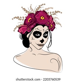 Woman face with sugar skull makeup and flower wreath on head.Calavera Catrina for poster,card emblem design vector illustration isolated.Día de los Muertos,Mexican holiday Day of the Dead, Halloween