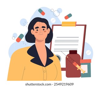 Woman with face surgery. Young girl near pills and syringe. Healthcare and medicine, plastic surgery. Cosmetology and dermatology. Flat vector illustration isolated on white background