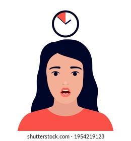 Woman face with surprise emotion and time management concept, people and clock, deadline. Girl hurry, rush to do on work, time is running out. Business timing, time is running out. Vector illustration