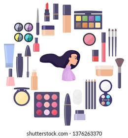Woman face surrounded by decorative cosmetics elements. Everything for make up. Eye shadow, mascara, nail Polish, powder, foundation, brush, lipstick, cream cosmetic pencils. Vector illustration