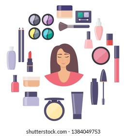 Woman face surrounded by decorative cosmetics elements. Everything for make up. Eye shadow, mascara, nail Polish, powder, foundation, brush, lipstick, cream cosmetic pencils. Vector illustration