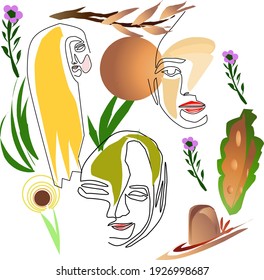 Woman face surrounded by decorative flowers and leaves elements. Vector Illustration.