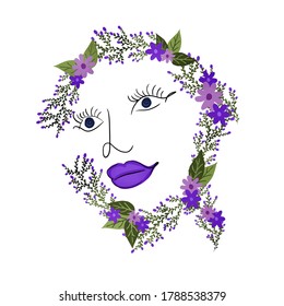 woman face surrounded by flowers, colorful line art, isolated on white background, vector illustration
