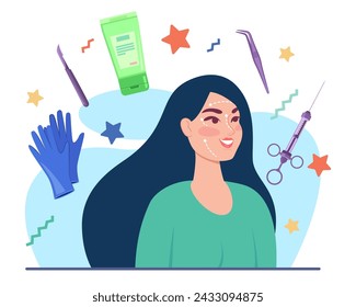 Woman face and syringe, cream tube, medical gloves and tools vector illustration. Rejuvenation injections, stop aging process, face lifting concept