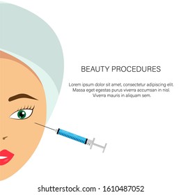 Woman face with a syringe. Injection. Rejuvenation. Female face in flat style. Woman's face and beauty treatments. Skin care. Face care. Vector.