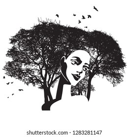 Woman face and tree silhouette - vector illustration. Double exposure in outline graphics - a portrait of a beautiful girl and a tree branch like hair. The concept of the living soul of nature.