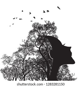 Woman face and tree silhouette - vector illustration. Double exposure in outline graphics - a portrait of a beautiful girl and a tree branch like hair. The concept of the living soul of nature.