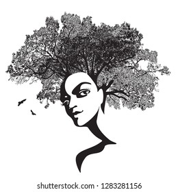 Woman face and tree silhouette - vector illustration. Double exposure in outline graphics - a portrait of a beautiful girl and a tree branch like hair. The concept of the living soul of nature.