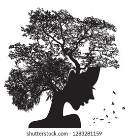 Woman face and tree silhouette - vector illustration. Double exposure in outline graphics - a portrait of a beautiful girl and a tree branch like hair. The concept of the living soul of nature.