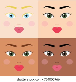 Woman face type set. Blonde and brunette women  with different skin tones and eyes colors.
