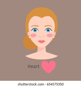 Woman face type vector illustration character shape girl makeup beautiful hair cosmetic female heart