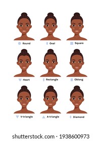 Woman Face types. Beautiful Black girl.Flat Cartoon Color Style. White background.Vector stock illustration.