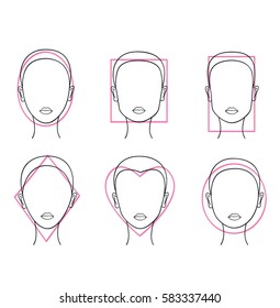 Woman Face Types. Round, Rectangle, Square, Heart, Oval Female Face Shapes. 