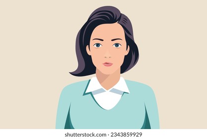 Woman face and upper body - Female character avatar with casual neutral facial expression. Flat design vector illustration