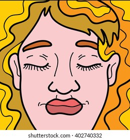 Woman face vector close up - illustration of confident face with closed eyes and blonde hair. Pop art style woman smiling face. Dreaming or sleeping female character icon. Black contour lines. 
