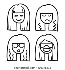 Woman face vector icon hand drawn illustration black lines
