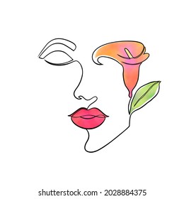 Woman face with watercolor calla flower on white background.