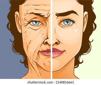 The woman faced age problems. Age skin. Before, after. healthcare illustration. Vector illustration.