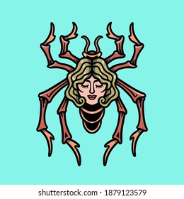 Woman faced spider old school tattoo illustration