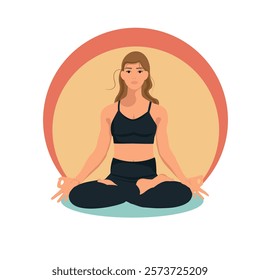 Woman faceless doing yoga exercises, practicing meditation in lotus position. International yoga day. . Vector illustration