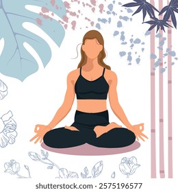 Woman faceless doing yoga exercises, practicing meditation in lotus position with sakura, monstera leaves, bamboo, . International yoga day 