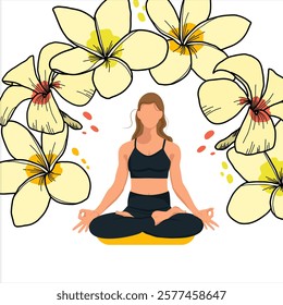 Woman faceless doing yoga exercises, practicing meditation in lotus position with plumeria, frangipani. Yoga's day