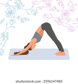 Woman faceless doing yoga exercises, practicing meditation in downward facing dog pose with sakura, cherry flowers, yoga day