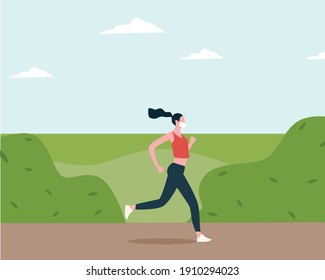 Woman in facemask running or jogging through park in spring time. Healthy active lifestyle. New reality. Spring sport activity. Colorful modern vector illustration in cartoon flat style.