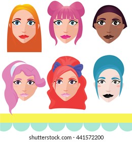 Woman faces with bright hair. Set of 6 different woman