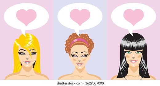 Woman faces with a bubble speech with a heart symbol.Three women talking about love. Conceptual illustration about love .. Vector illustration in cartoon style available in EPS 10.