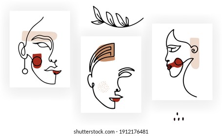 Woman faces Continuous one line drawing style. Modern Trendy minimal portrait. Simple femenine chick portrait