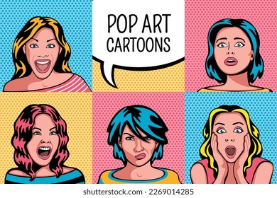Woman faces with different expressions in pop art style