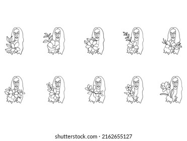 Woman faces line art style with flower and leaves