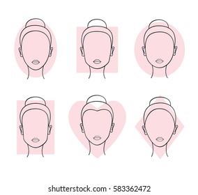 Woman faces types. Heart, round, oval, diamond, rectangle, square shapes. Vector illustration.