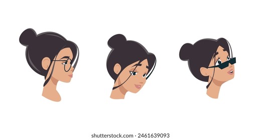 Woman faces vector set. Different facial expression of young female brunette character. Modern beauty girl avatar collection. Flat portrait icons. Cartoon illustration isolated on white.