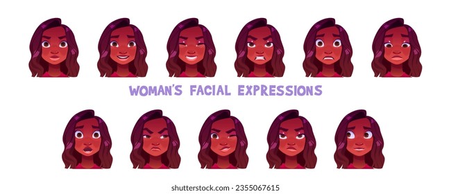 Woman facial expression cartoon vector set - african american young girl face with different emotions. Female avatar with neutral appearance, laughing and angry, embarrassed and surprised, winking eye