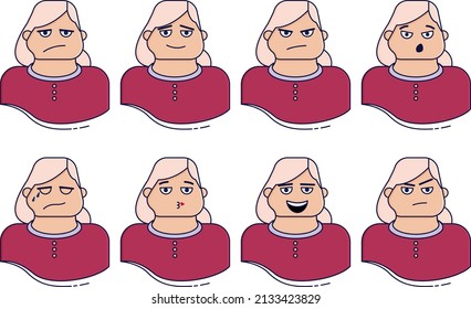 Woman facial expressions. Cute girl with various emotions vector flat illustration.