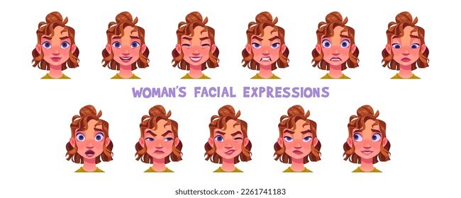 Woman facial expressions isolated vector illustration. Set of female face avatar with different emotion. Girl character is angry, happy, upset, surprise or ashamed. User animation head collection.