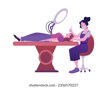 Woman in facial mask and apron making eyelash extension procedure flat style, vector illustration isolated on white background. Decorative design element, beauty, ring lamp