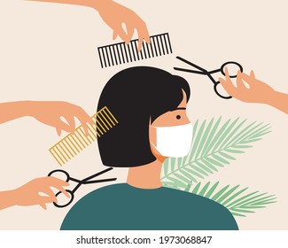 Woman in facial mask cutting hair. Flat vector stock illustration. Young person in a hairdressing salon at the hairdresser.  Coronavirus protection, medical mask. Lockdown hairdressing