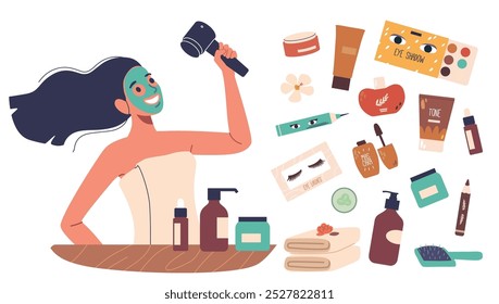 Woman With A Facial Mask Drying he Hair Surrounded By Beauty Products Highlighting Refreshing And Relaxing Skincare