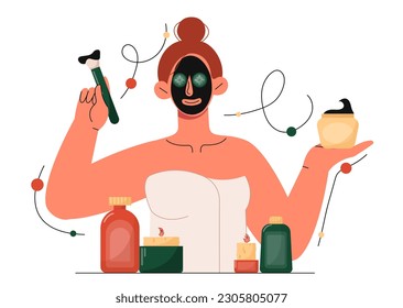 Woman with facial mask. Young girl applies cosmetics to her skin. Skincare and beauty, hygiene and spa procedures, routine. Natural mineral mud or charcoal mask. Cartoon flat vector illustration
