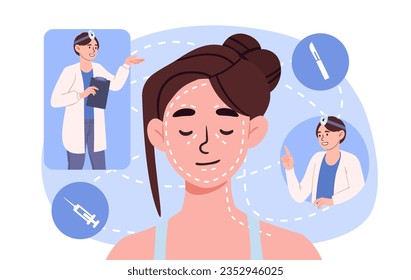 Woman with facial plastic surgery concept. Doctors chat about young girl face. Beauty, elegance and aesthetics. Facial lifting and rhinoplasty. Poster or banner. Cartoon flat vector illustration