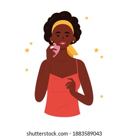Woman with facial quartz gua sha stone. Facial yoga. Young woman massaging her face. Anti-aging traditional chinese medicine self care method. Vector flat illustration on white. 