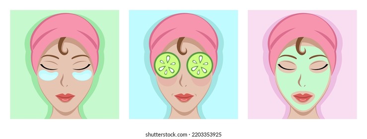 Woman with facial sheet mask vector set. Beauty routine. Woman Making Skincare Procedures. Spa and Moisturizing Concept. Female with towel on head and cucumber on eyes. Silicone under eye patches.