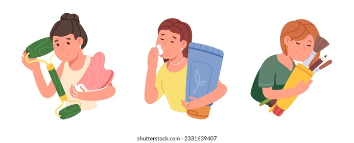 Woman with facial skin care cosmetic, tool set. Girls persons holding jade stone massage roller, face skin cream, makeup tools. Skincare health, spa, beauty products concept flat vector illustration