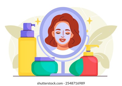 Woman with facial skin care. Young girl in front of mirror applies face mask. Beauty and spa procedures. Moisturizer and lotion, cream. Flat vector illustration isolated on white background