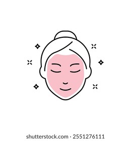 Woman with Facial Sparkle Mask Line Icon. Beauty Cosmetic Face Mask for Girl Linear Pictogram. Female Face Skin Care Outline Icon. Relax Spa